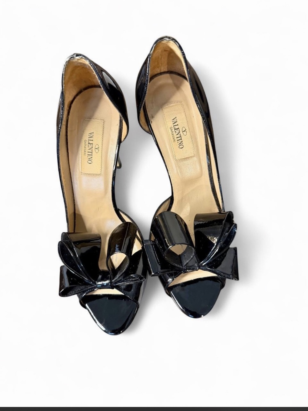 Valentino Black Patent Leather Bow Peep-Toe Pumps with Curved Silhouette